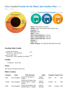 Glen Campbell Gentle on My Mind / Just Another Man Mp3, Flac, Wma