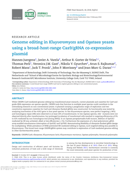 Genome Editing in Kluyveromyces and Ogataea Yeasts Using a Broad-Host-Range Cas9/Grna Co-Expression Plasmid Hannes Juergens1,Javiera.Varela2, Arthur R