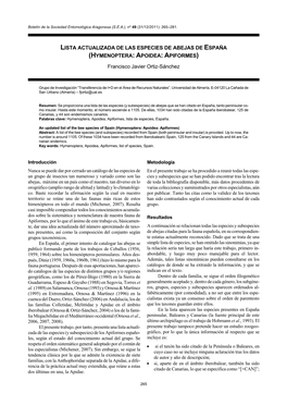 LISTA ACTUALIZADA DE LAS ESPECIES DE ABEJAS DE ESPAÑA (HYMENOPTERA: APOIDEA: APIFORMES) Francisco Javier Ortiz-Sánchez