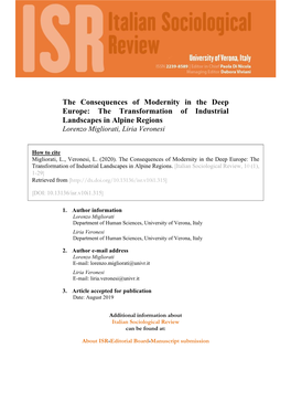 The Consequences of Modernity in the Deep Europe: the Transformation of Industrial Landscapes in Alpine Regions Lorenzo Migliorati, Liria Veronesi