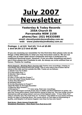 Yesterday and Today Records Newsletter July 2007