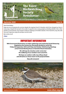 The Essex Birdwatching Society Newsletter the Natural Home of Bird Recording and Birdwatching in Essex Since 1949 September 2020 Issue 44