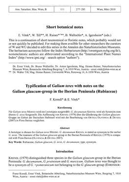 Short Botanical Notes Typification of Galium Teres with Notes on the Galium Glaucum-Group in the Iberian Peninsula (Rubiaceae)