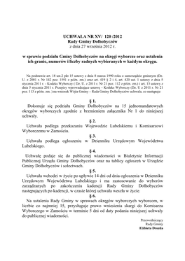 UCHWAŁA NR XV/ 120 /2012 Rady Gminy Dołhobyczów Z Dnia 27 Września 2012 R