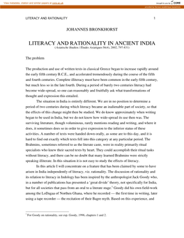 LITERACY and RATIONALITY in ANCIENT INDIA (Asiatische Studien / Études Asiatiques 56(4), 2002, 797-831)