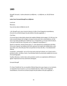 La Réforme, No. 56 (25 Février 1885). Letter from Fernand Khnopff