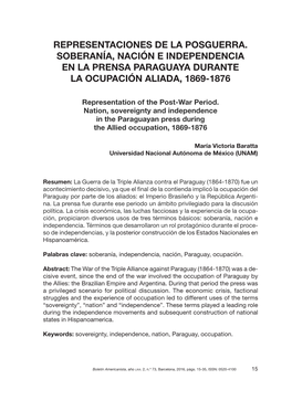 Representaciones De La Posguerra. Soberanía, Nación E Independencia En La Prensa Paraguaya Durante La Ocupación Aliada, 1869-1876