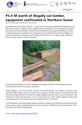 P3.4-M Worth of Illegally Cut Lumber, Equipment Confiscated in Northern Samar by 803 Infantry Brigade, 8Idpublished on May 24, 2020