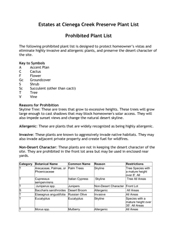 Estates at Cienega Creek Preserve Plant List Prohibited Plant List