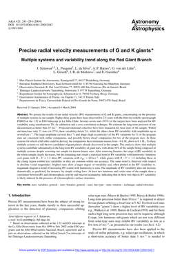 Precise Radial Velocity Measurements of G and K Giants