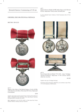 Sixteenth Session, Commencing at 9.30 Am ORDERS, DECORATIONS & MEDALS