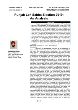 Punjab Lok Sabha Election 2019: an Analysis Abstract Punjab Since Independence Has Conducted 17Th Lok Sabha Elections in Accordance with the Constitution of India