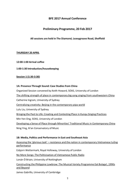 BFE 2017 Annual Conference Preliminary Programme, 20 Feb 2017