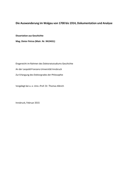 Die Auswanderung Im Walgau Von 1700 Bis 1914, Dokumentation Und Analyse