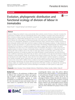 Evolution, Phylogenetic Distribution and Functional Ecology of Division of Labour in Trematodes Robert Poulin1*, Tsukushi Kamiya2 and Clément Lagrue3