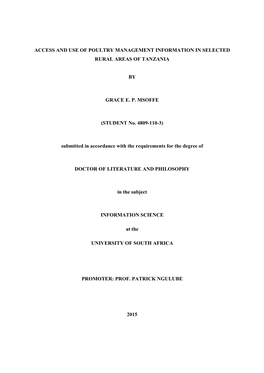 ACCESS and USE of POULTRY MANAGEMENT INFORMATION in SELECTED RURAL AREAS of TANZANIA by GRACE E. P. MSOFFE (STUDENT No. 4809-110