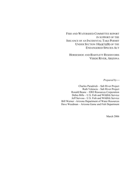 FISH and WATERSHED COMMITTEE REPORT in SUPPORT of the ISSUANCE of an INCIDENTAL TAKE PERMIT UNDER SECTION 10(A)(1)(B) of the ENDANGERED SPECIES ACT