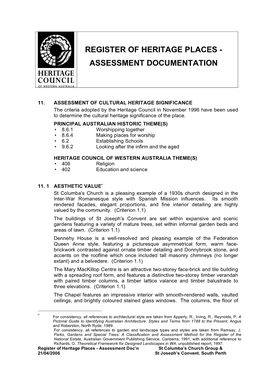 Register of Heritage Places - Assessment Documentation