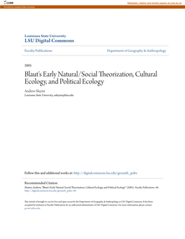 Blaut's Early Natural/Social Theorization, Cultural Ecology, and Political Ecology Andrew Sluyter Louisiana State University, Asluyter@Lsu.Edu