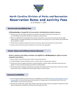 Reservation Rates and Activity Fees As of January 1, 2021