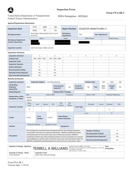 FTA WMATA Metrorail Safety Oversight Inspection Reports, July 2016