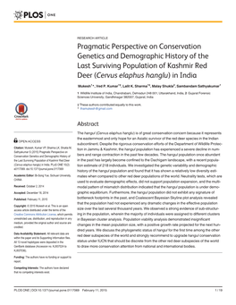 Pragmatic Perspective on Conservation Genetics and Demographic History of the Last Surviving Population of Kashmir Red Deer (Cervus Elaphus Hanglu) in India
