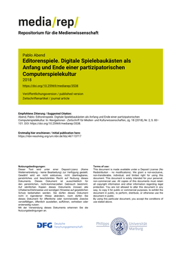 Editorenspiele. Digitale Spielebaukästen Als Anfang Und Ende Einer Partizipatorischen Computerspielekultur 2018