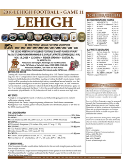 2016 LEHIGH FOOTBALL - GAME 11 SCHEDULE/RESULTS LEHIGH MOUNTAIN HAWKS Sept