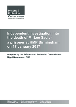 Independent Investigation Into the Death of Mr Lee Sadler a Prisoner at HMP Birmingham on 17 January 2017