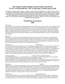 The 70 Signers of the Founding of Arichat Parish, Cape Breton CO 217, Vol 104, Pp 409-410. RAC of 1905, App A, 3Rd Part, App J, P 308