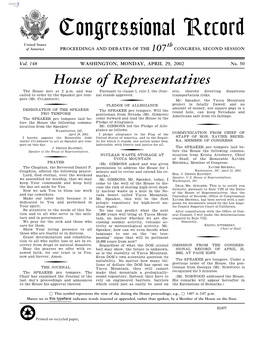 Congressional Record United States Th of America PROCEEDINGS and DEBATES of the 107 CONGRESS, SECOND SESSION