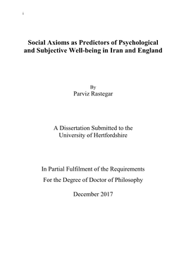 Social Axioms As Predictors of Psychological and Subjective Well-Being in Iran and England