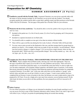 Preparation for AP Chemistry SUMMER ASSIGNMENT ( 5 P a R T S )