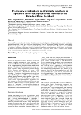 Preliminary Investigations on Graminella Nigrifrons As a Potential Vector for Phytoplasmas Identified at the Canadian Clonal Genebank