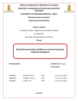 Phytochemical Study of Different Extract from Plant Cistanche Phelypaea