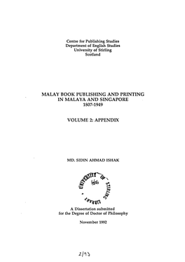 Malay Book Publishing and Printing in Malaya and Singapore 1807-1949 Volume 2: Appendix