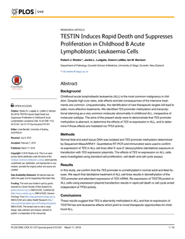 TESTIN Induces Rapid Death and Suppresses Proliferation in Childhood B Acute Lymphoblastic Leukaemia Cells