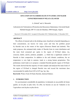 Situation of Fluorides Rate in Waters and Major Consumed Food in Wilaya El-Oued