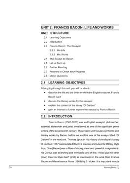 Unit 2: Francis Bacon: Life and Works