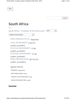 South Africa | Country Report | Freedom of the Press | 2016 Page 1 of 10