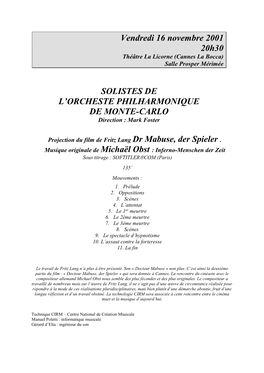 Vendredi 16 Novembre 2001 20H30 Théâtre La Licorne (Cannes La Bocca) Salle Prosper Mérimée