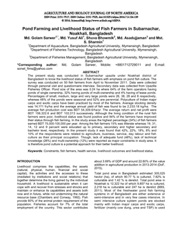 Pond Farming and Livelihood Status of Fish Farmers in Subarnachar, Noakhali, Bangladesh Md