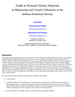 Guide to Women's History Materials in Manuscript and Visual Collections at the Indiana Historical Society