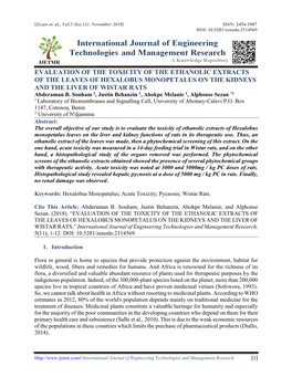 EVALUATION of the TOXICITY of the ETHANOLIC EXTRACTS of the LEAVES of HEXALOBUS MONOPETALUS on the KIDNEYS and the LIVER of WISTAR RATS Abderaman B