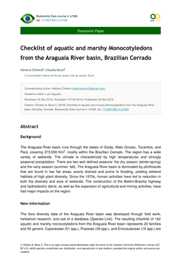 Checklist of Aquatic and Marshy Monocotyledons from the Araguaia River Basin, Brazilian Cerrado