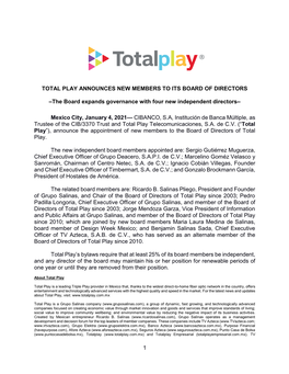 1 TOTAL PLAY ANNOUNCES NEW MEMBERS to ITS BOARD of DIRECTORS –The Board Expands Governance with Four New Independent Directors