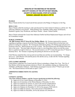 Minutes of the Meeting of the Mayor and City Council of the City of East Moline, County of Rock Island, State of Illinois Tuesday, January 20, 2015 6:30P.M