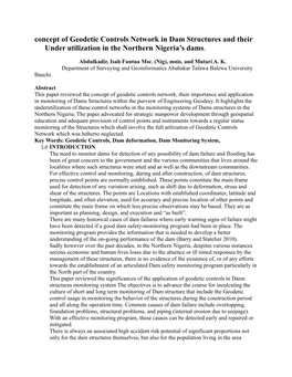 Concept of Geodetic Controls Network in Dam Structures and Their Under Utilization in the Northern Nigeria’S Dams