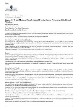 Speech by Prime Minister Fredrik Reinfeldt to the Crown Princess and Mr Daniel Westling Check Against Delivery
