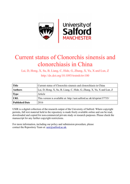 Current Status of Clonorchis Sinensis and Clonorchiasis in China